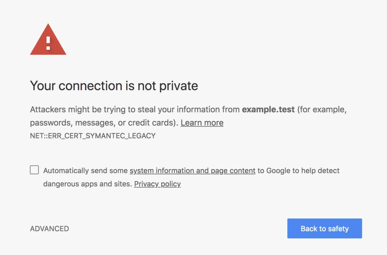 Screenshot van een waarschuwing op een website die niet beveiligd is met SSL.