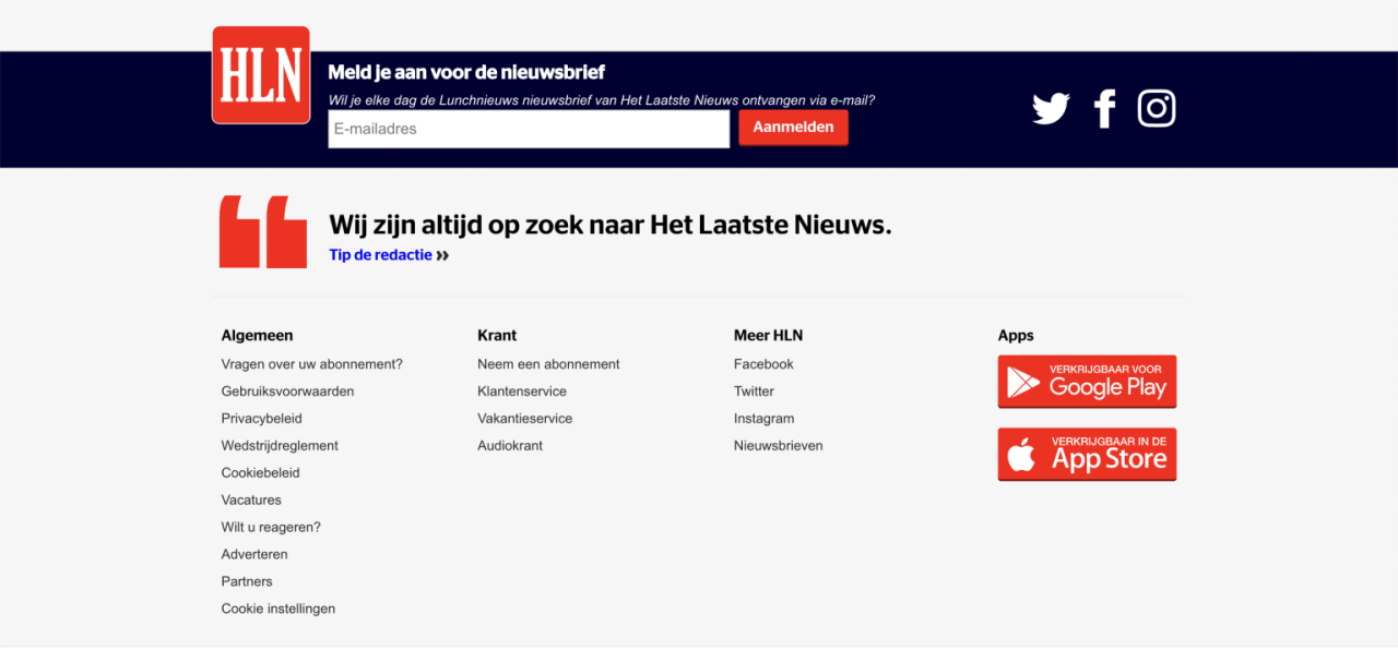 Huidige footer van HLN.